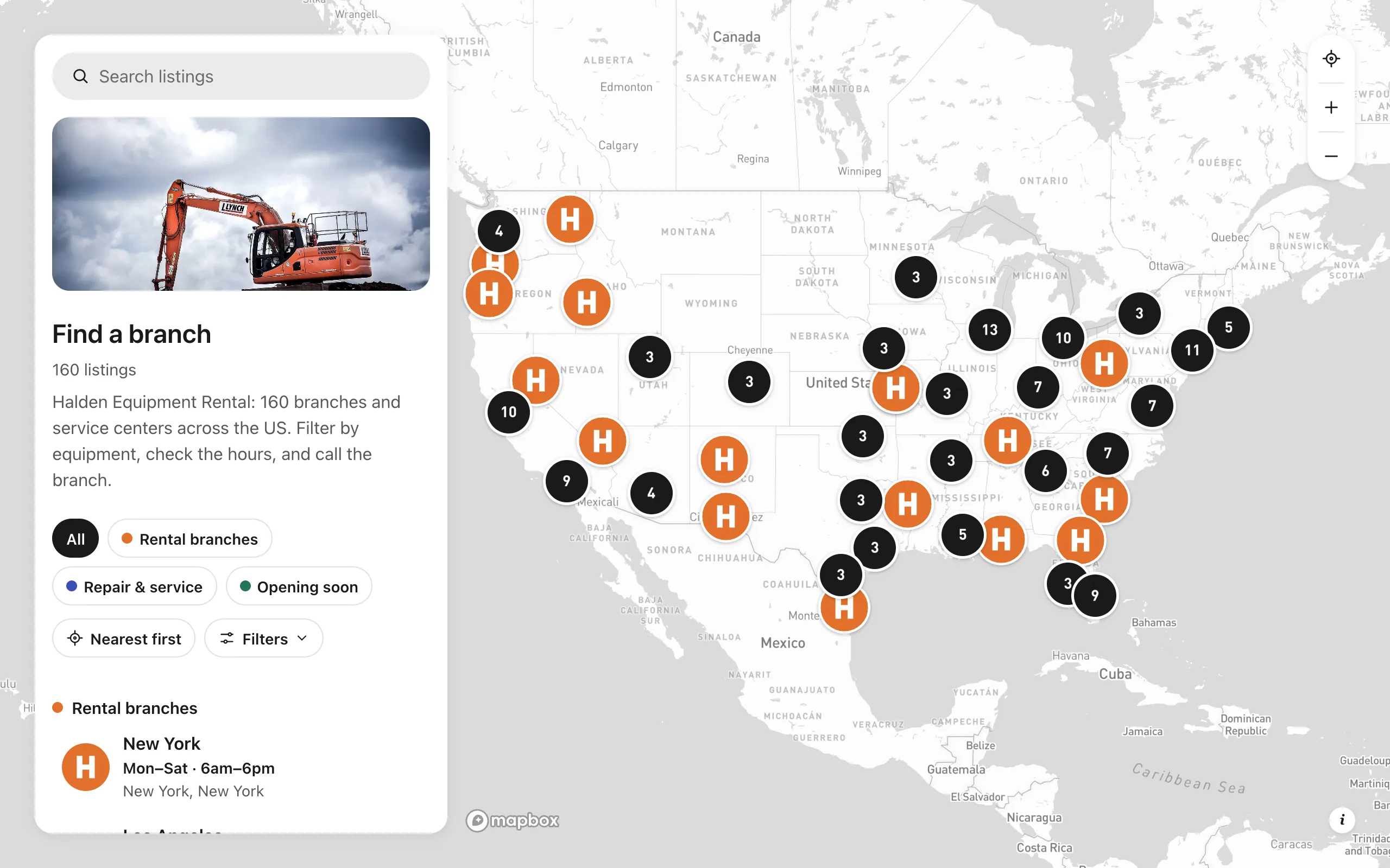 Find a branch, an equipment rental company's locator: 160 branches across the US as pins with the company's logo, filters by type and equipment, and the nearest first