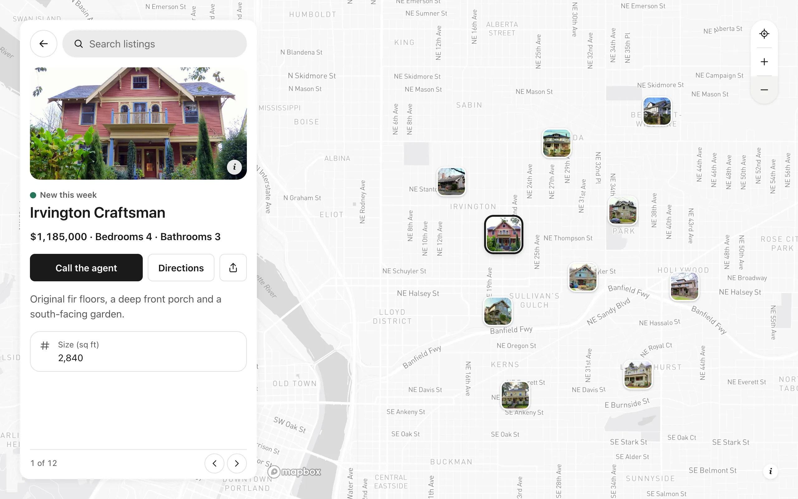 Homes for sale in Portland, a property map: a Craftsman listing open with its photo, $1,185,000, four bedrooms, three bathrooms and Call the agent, among the other homes