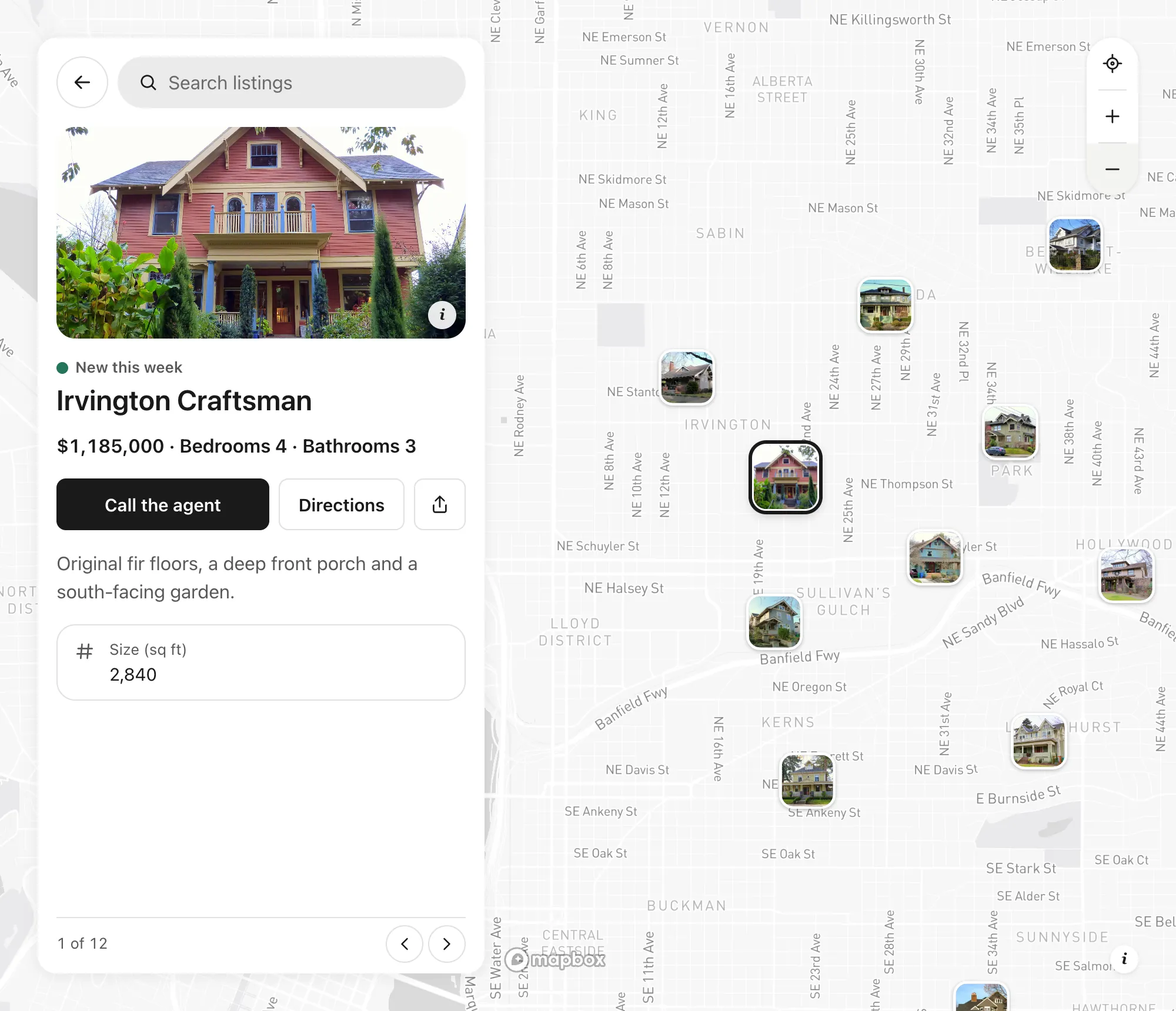 A Craftsman home for sale opened on a Portland property map: its photo, $1,185,000, four bedrooms and three bathrooms, with Call the agent and Directions buttons