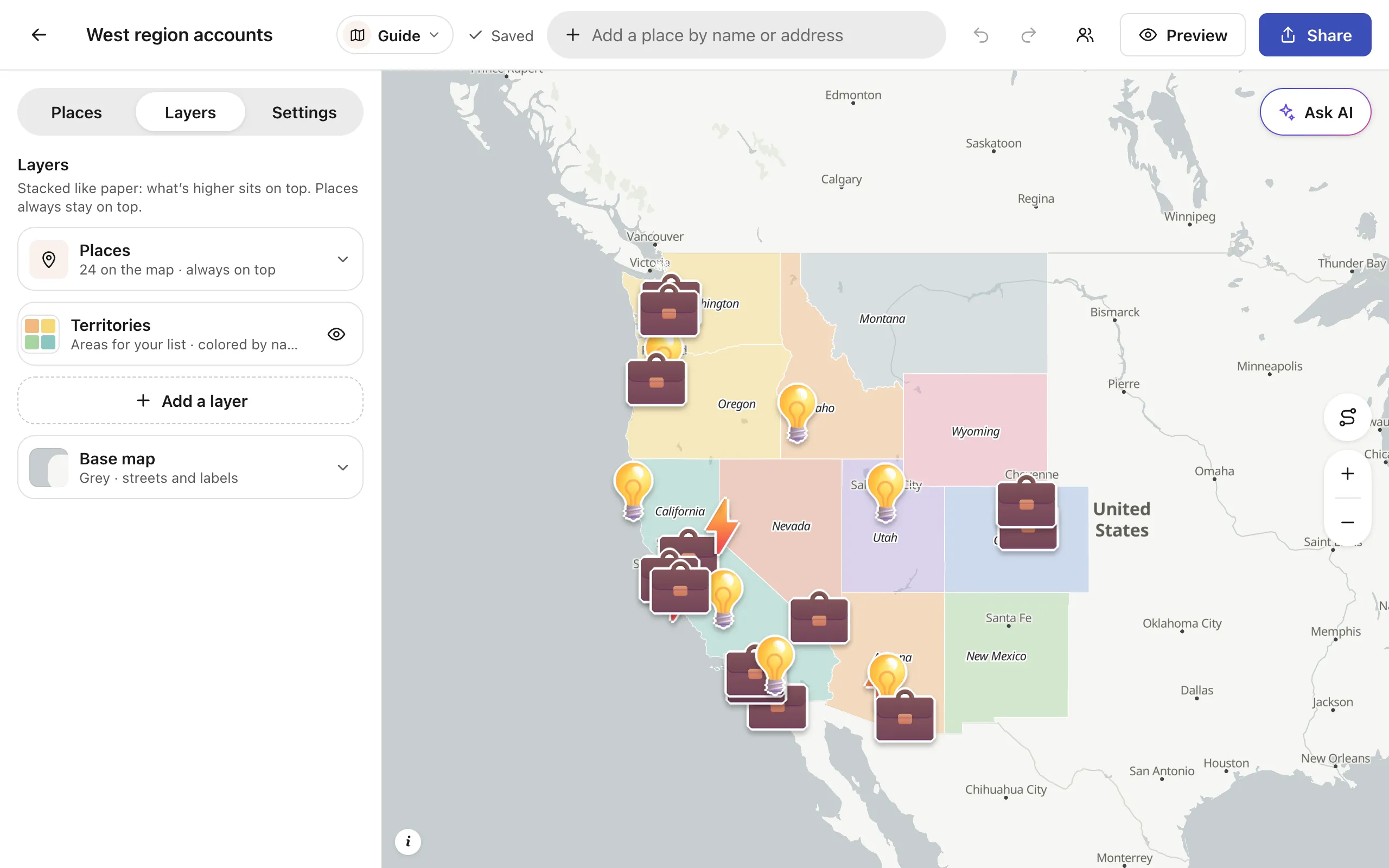 A sales map in the editor: 24 accounts over the western US, each state a territory in its own color