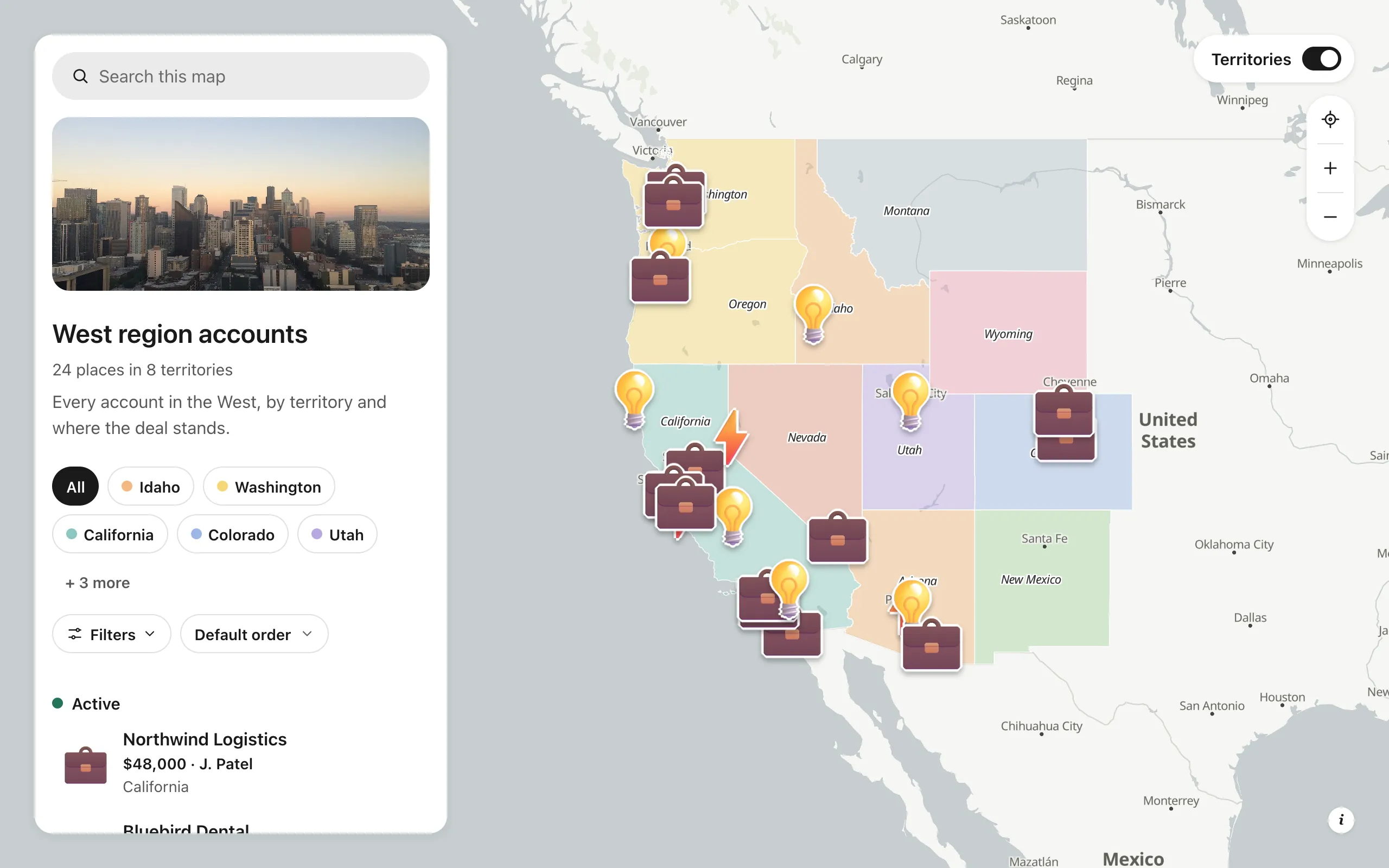 West region accounts, a shared sales map: accounts by deal stage over color-coded territories, with deal values and reps in the list