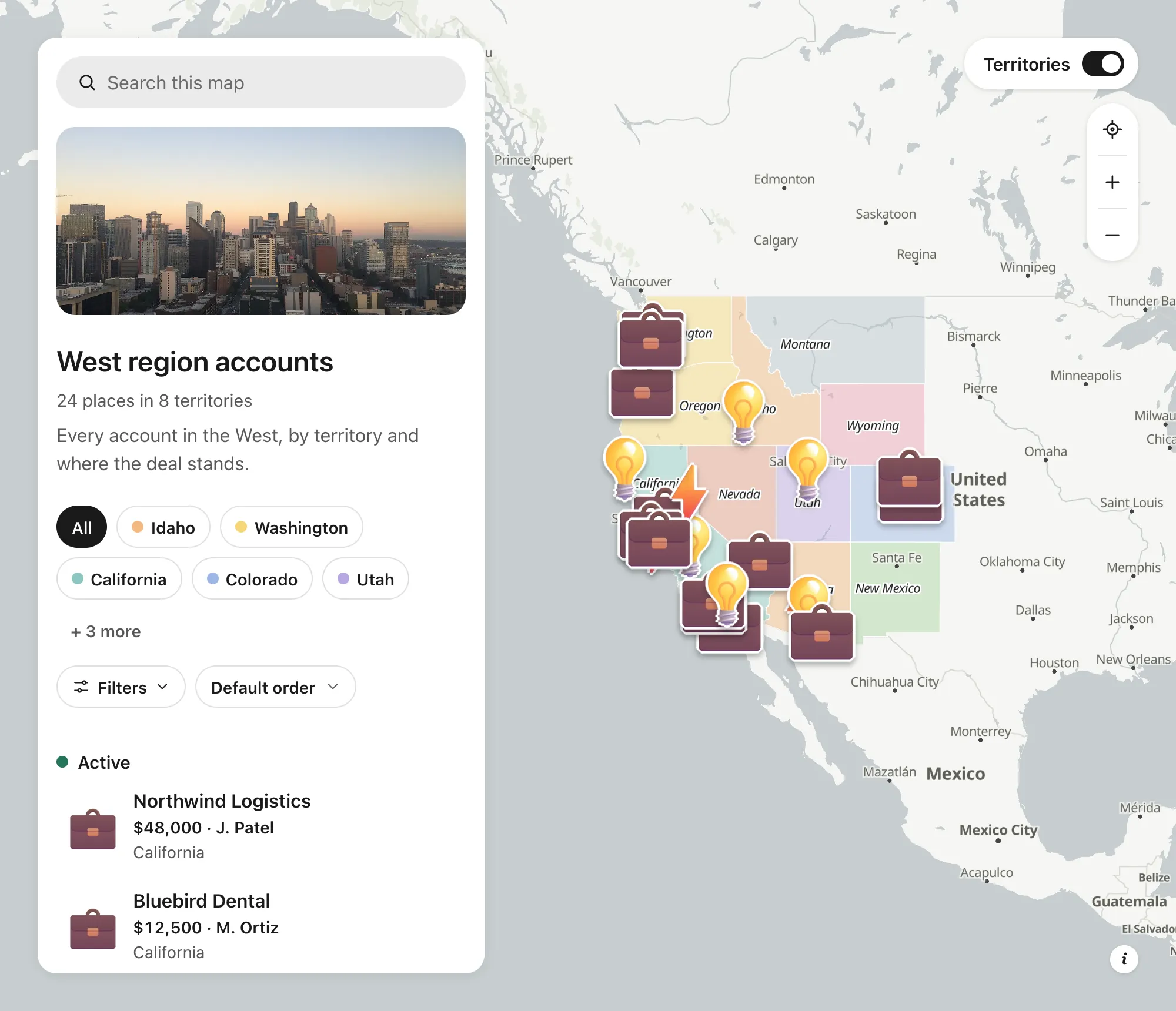 West region accounts, a shared sales map: accounts by deal stage over color-coded territories, each with its deal value and rep in the list