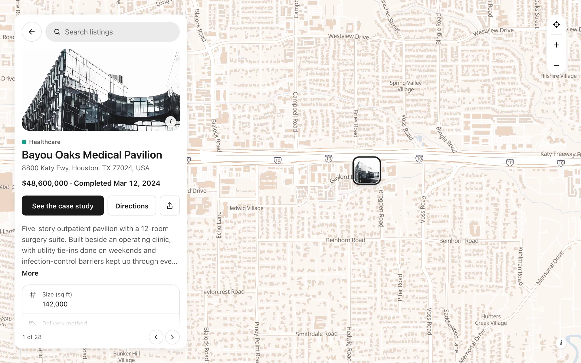A place opened on the project portfolio for contractors map, with its details and buttons
