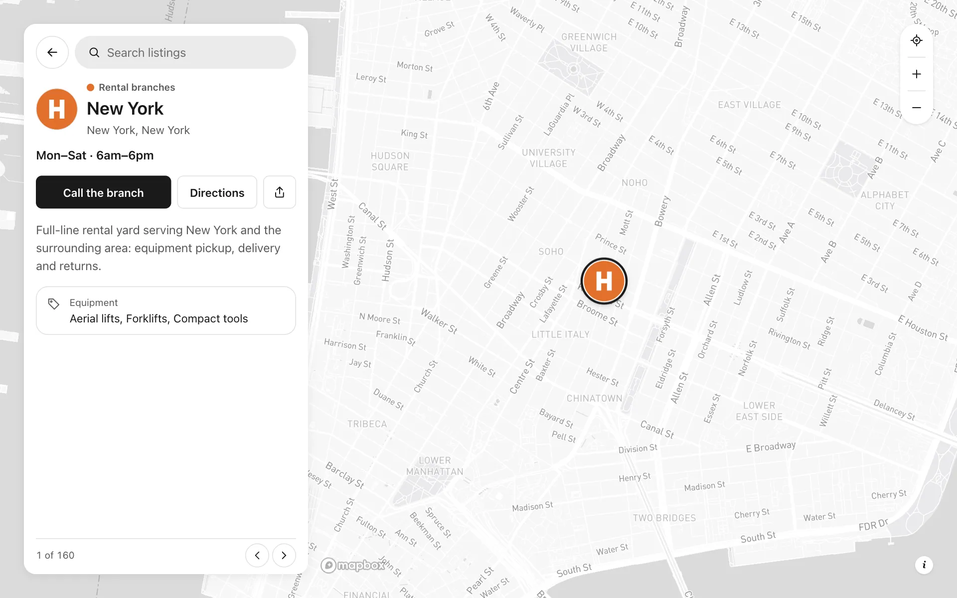 A place opened on the branch locator for a rental chain map, with its details and buttons