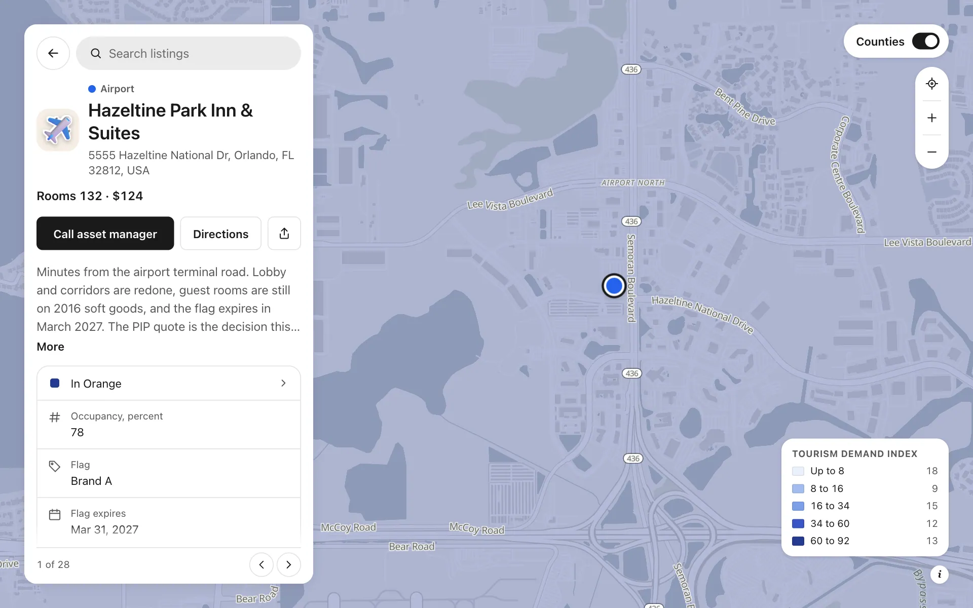 A place opened on the hotel portfolio for owners map, with its details and buttons