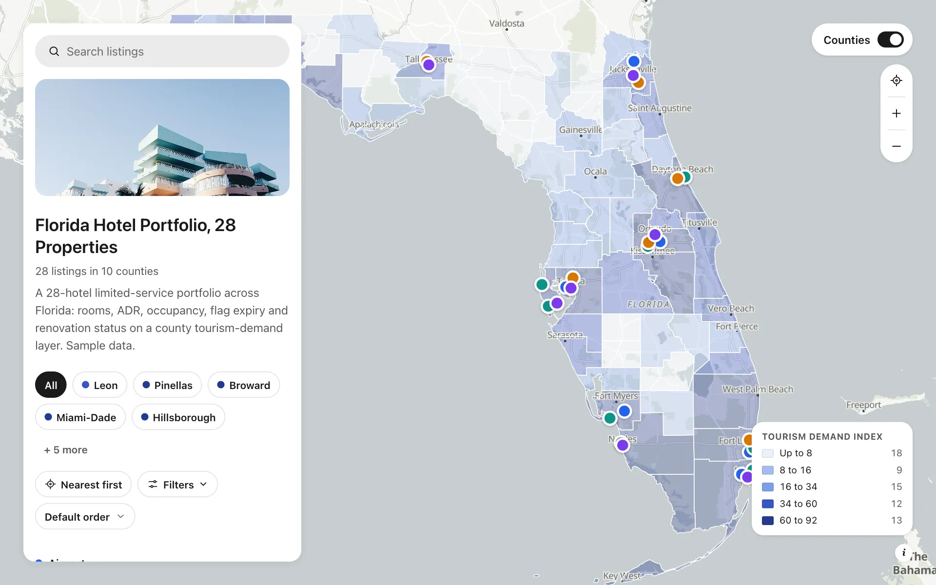 Hotel portfolio for owners: Florida Hotel Portfolio, 28 Properties, a shared map made with Create Mappins