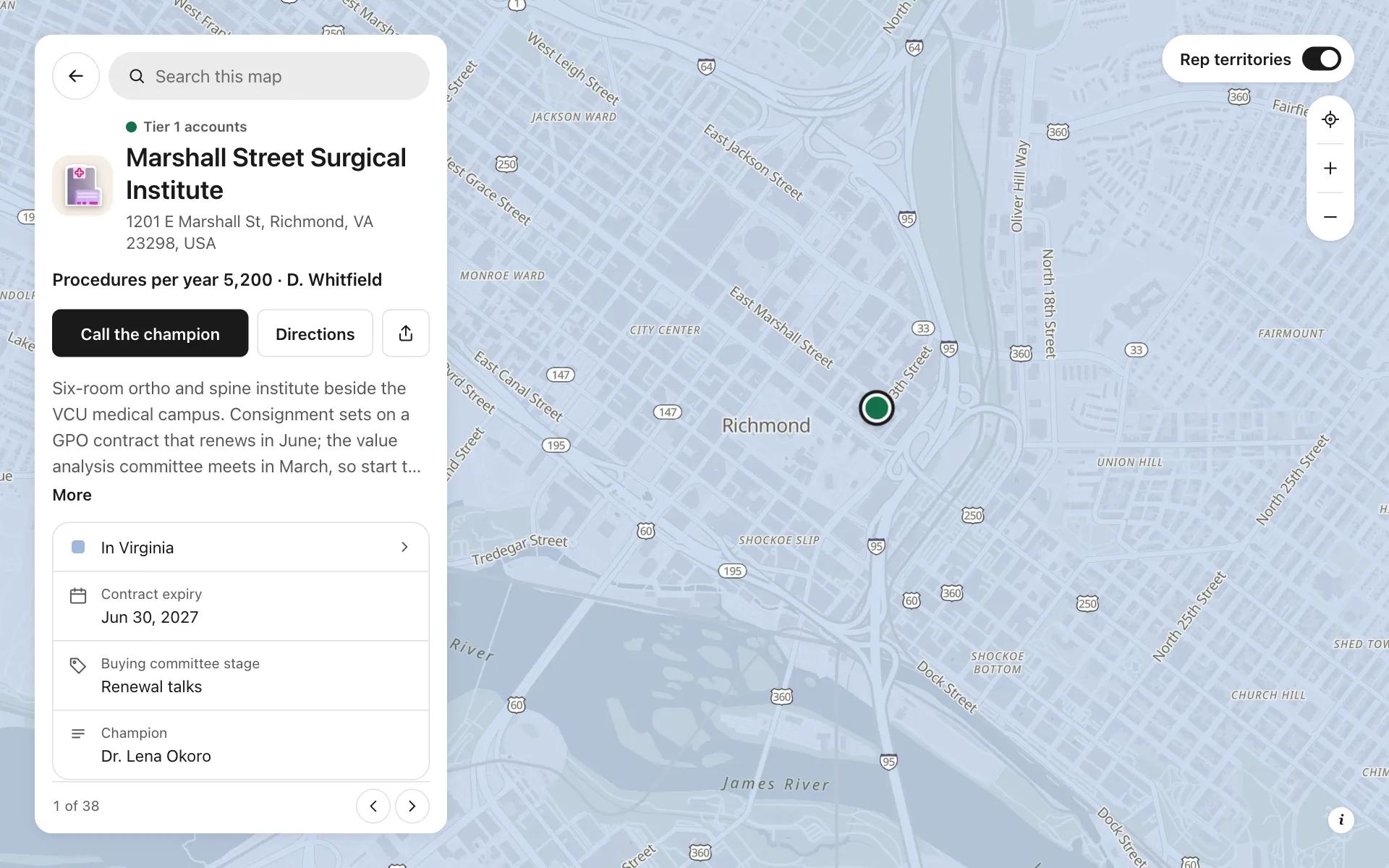 A place opened on the medtech account territories map, with its details and buttons