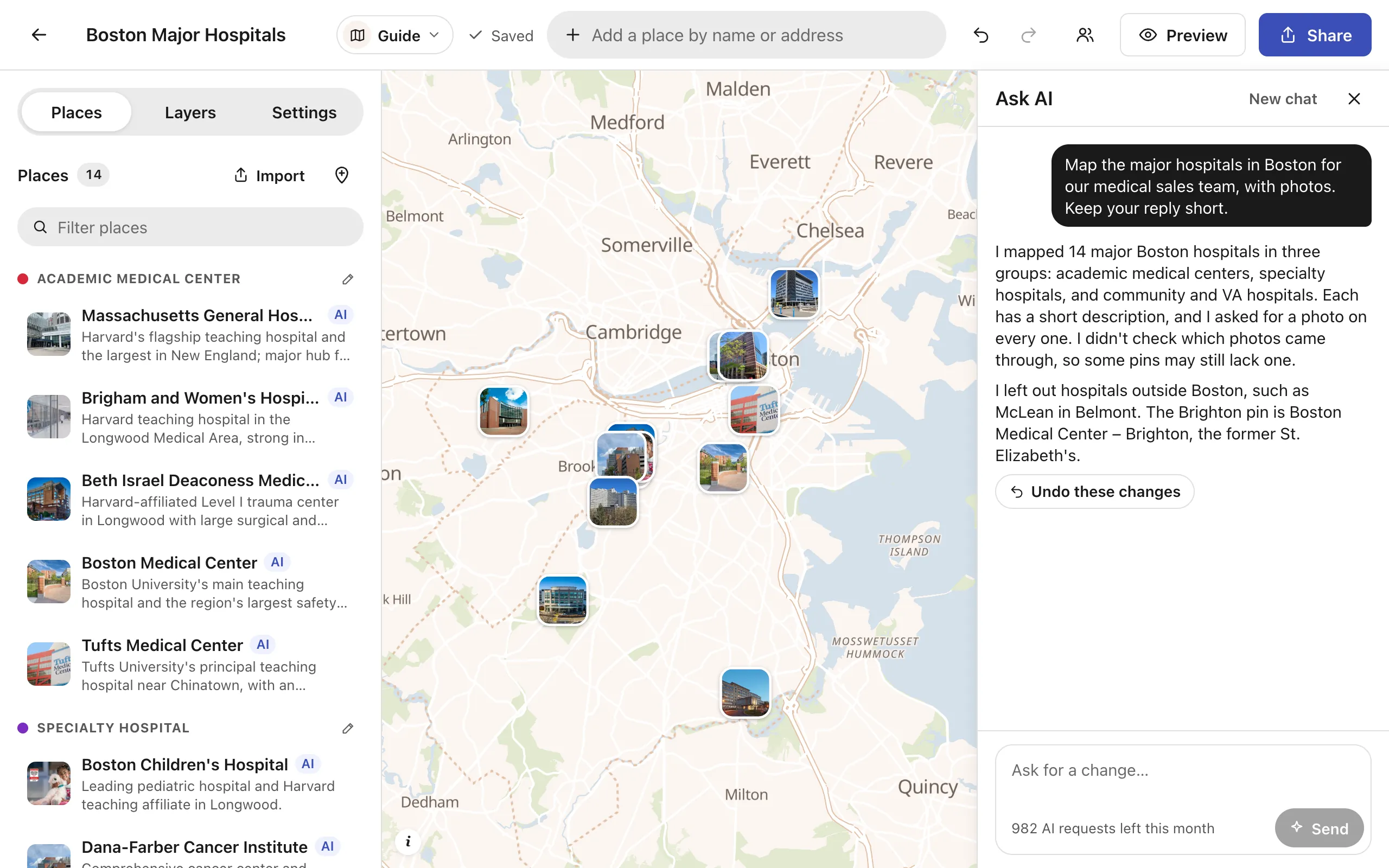 Ask AI in the editor: asked to map the major hospitals in Boston for a medical sales team, it has added 14 hospitals in three groups, each with a photo, with Undo these changes
