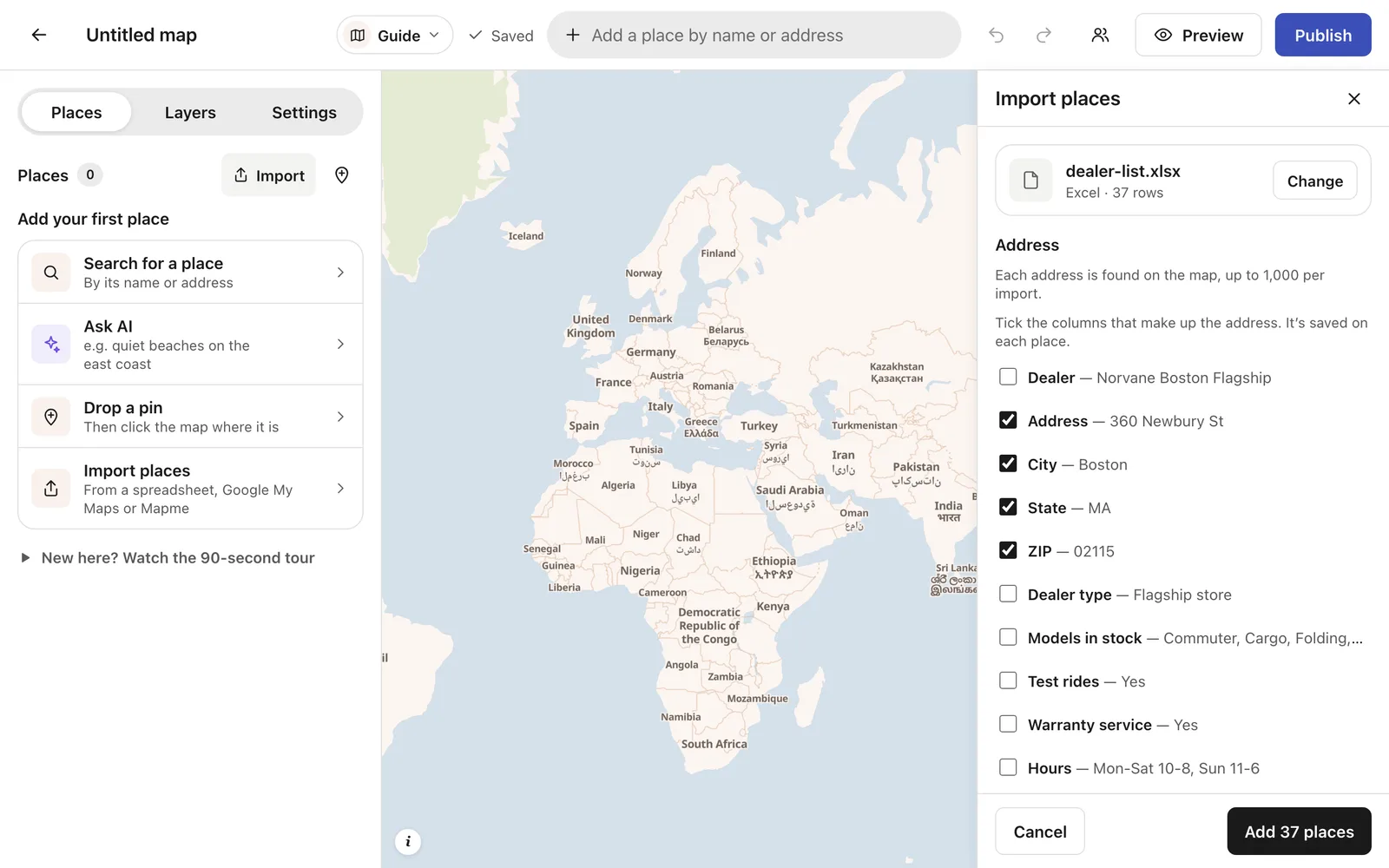 The import matching the Address, City, State and ZIP columns automatically