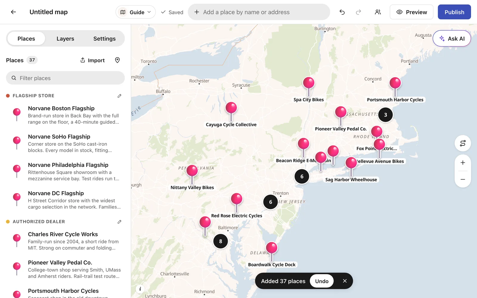 All 37 dealers on the map after the import