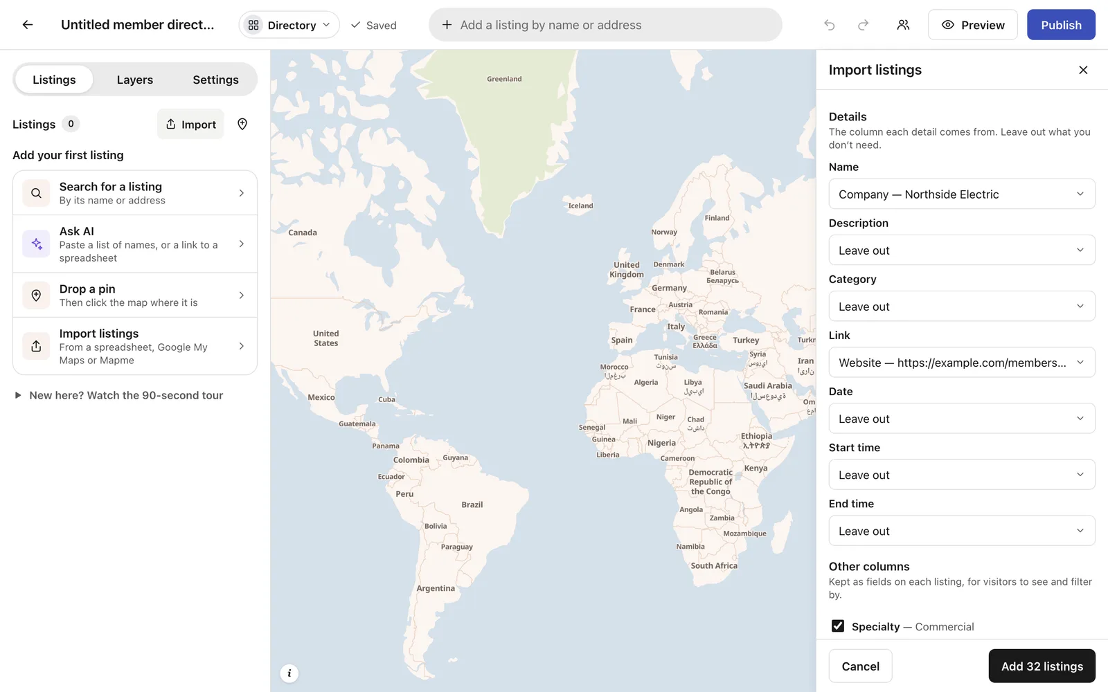 The import: Name and Link matched from the spreadsheet