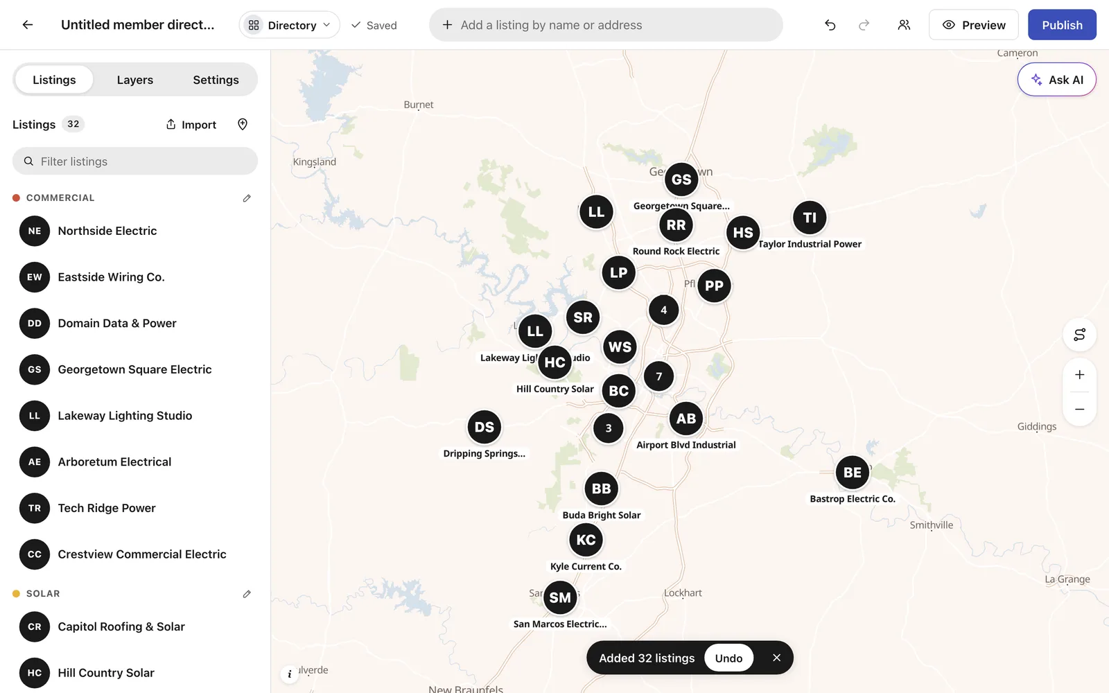 All 32 members on the map, grouped by specialty