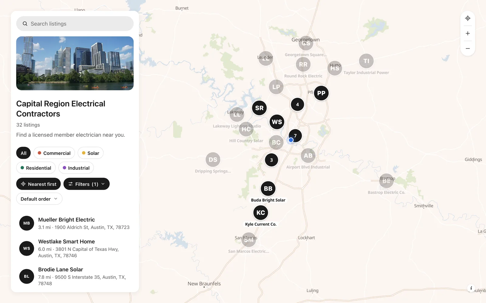 Nearest first: the closest EV charger installers, each with its distance