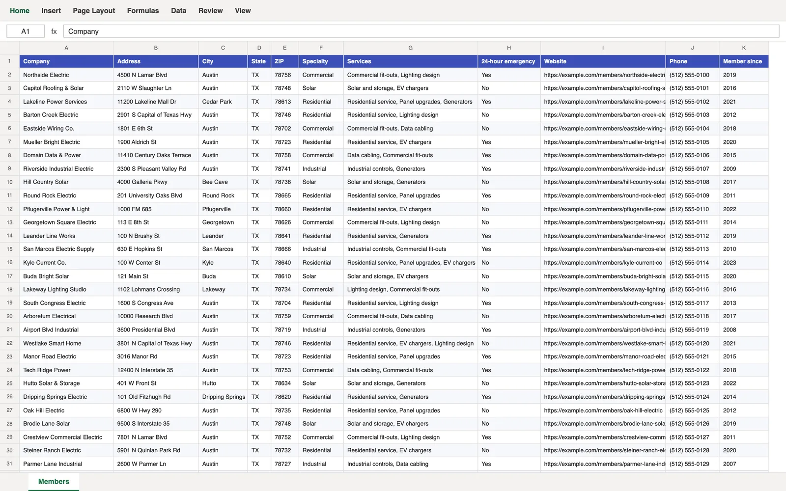 The member list in Excel: company, address, specialty, services, website and phone