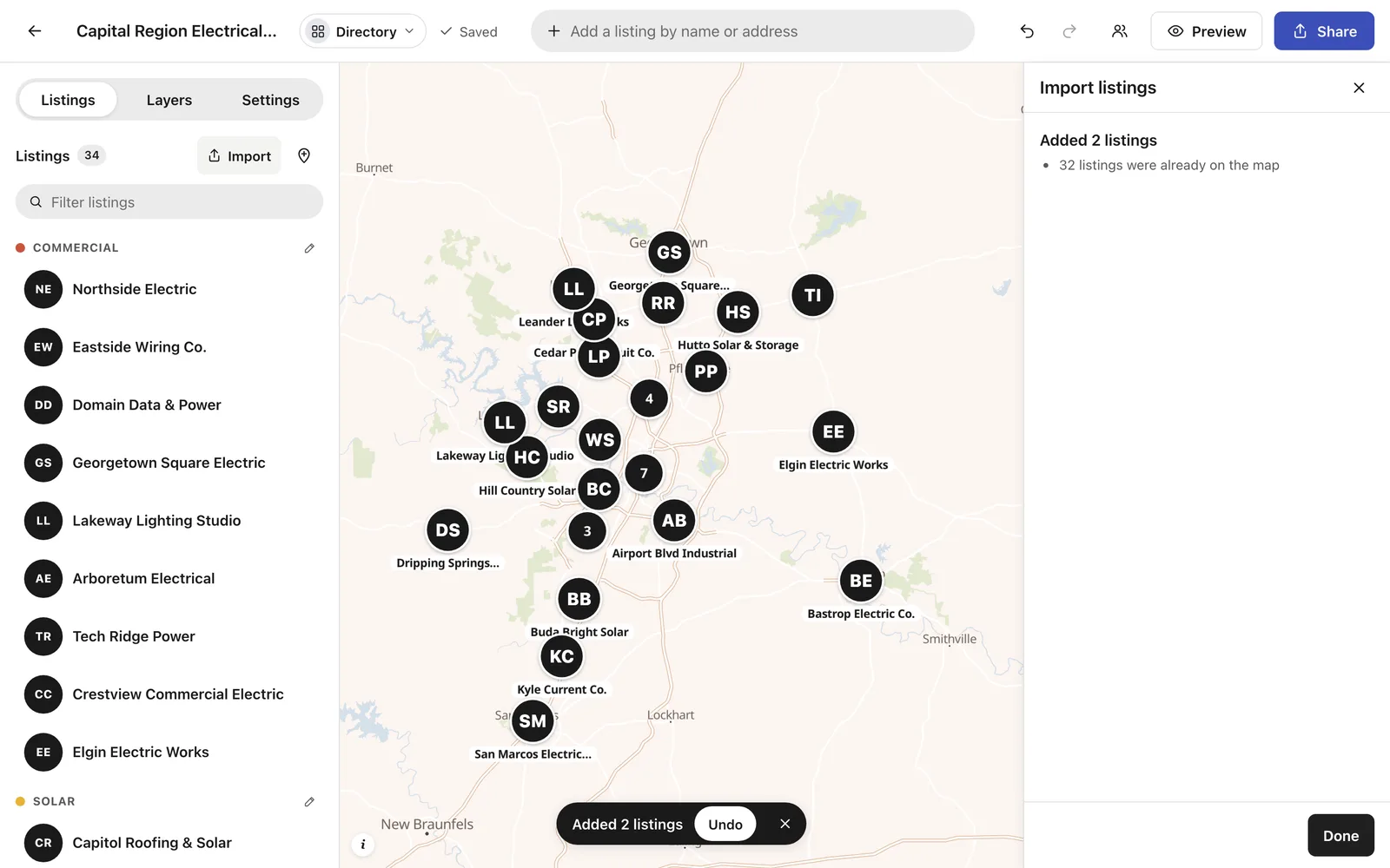Importing the updated list: 2 new members added, 32 already on the map