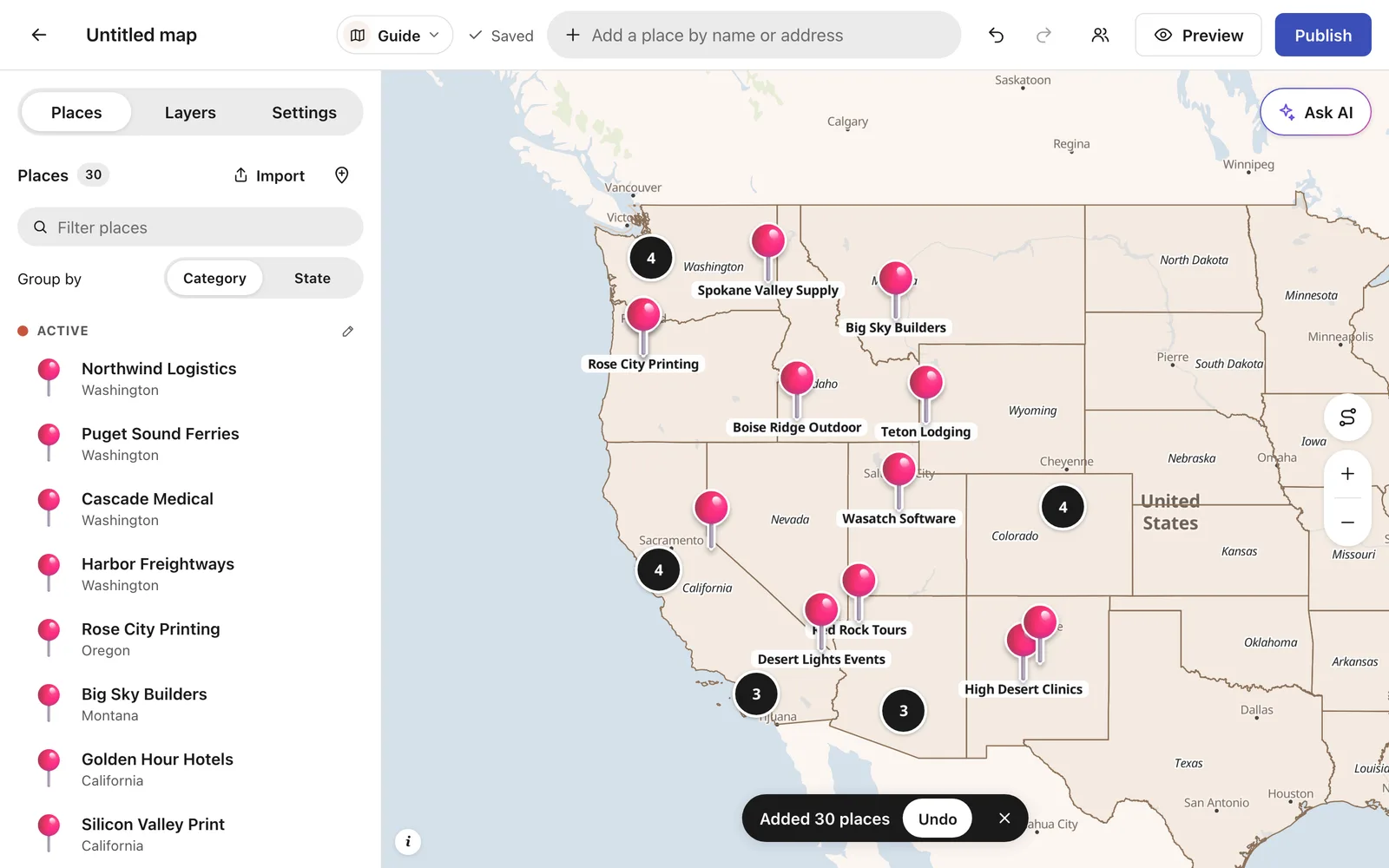 All 30 accounts on the map
