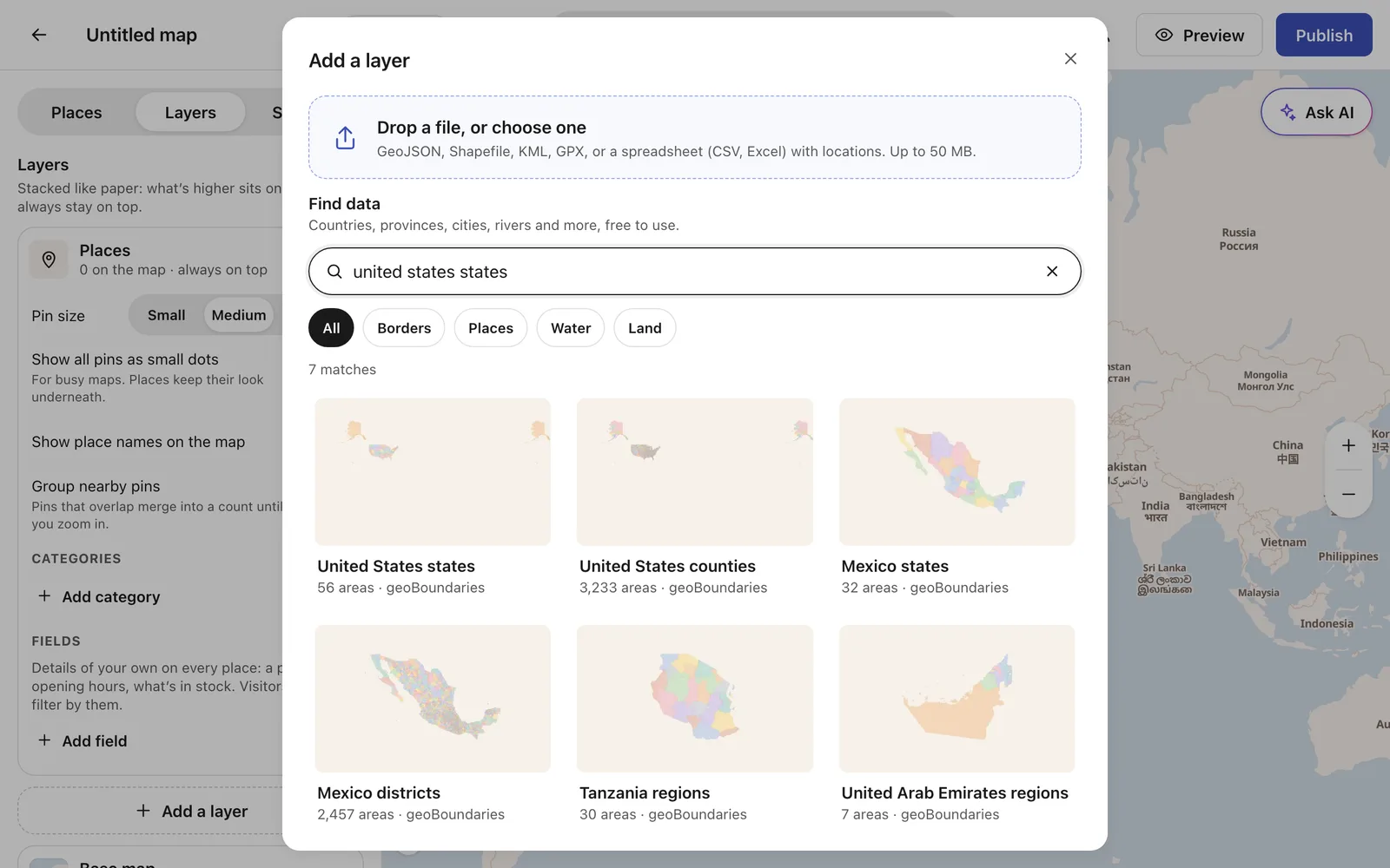 The data library, searched for United States states