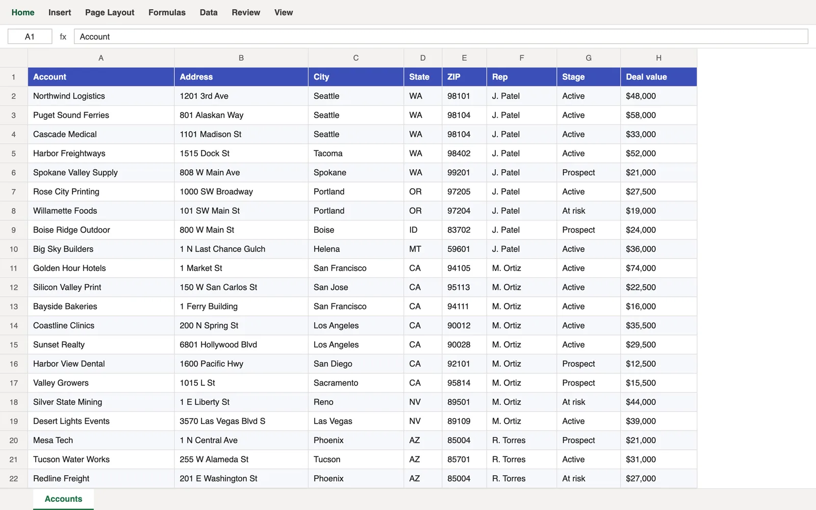 The accounts in Excel: name, address, rep, stage and deal value