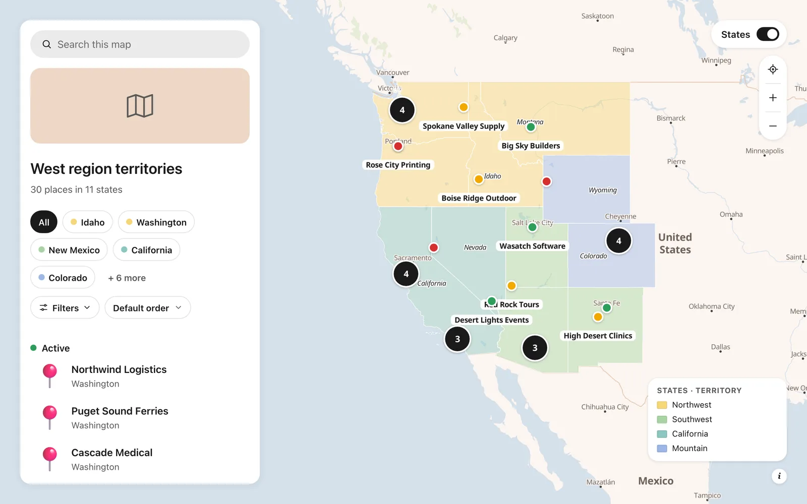 The finished sales territory map: four territories in color, accounts colored by deal stage, a key and filters